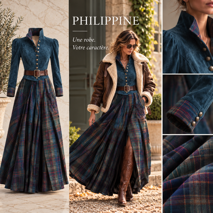 Philippine – Robe longue esprit cavalière à carreaux