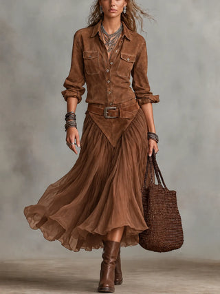 Ensemble Chemise en Suédine Marron et Jupe Midi en Tulle Fluide (Ceinture incluse)