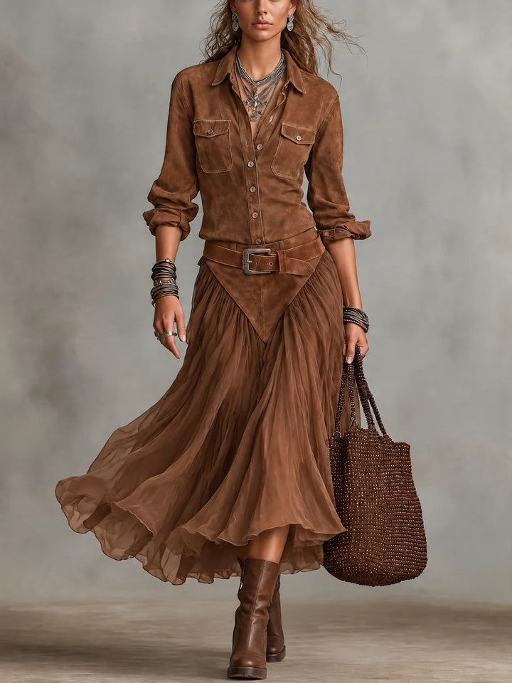 Ensemble Chemise en Suédine Marron et Jupe Midi en Tulle Fluide (Ceinture incluse)