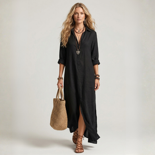 Afrodite - Robe longue noire avec des boutons