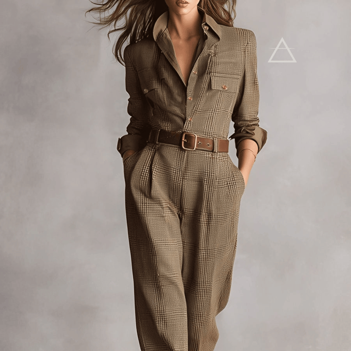 Combinaison Aliénor à carreaux brun taupe, vue de face, avec col chemisier, ceinture et pantalon ample.
