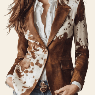 Vue rapprochée de face du blazer Bérénice, montrant son revers, son bouton unique et son imprimé brun et ivoire effet peau de vache.