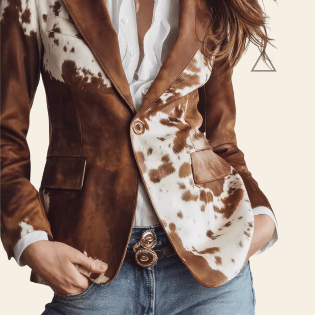 Blazer Bérénice à imprimé effet peau de vache brun et ivoire, porté avec une chemise blanche et un jean, poches à rabat visibles.