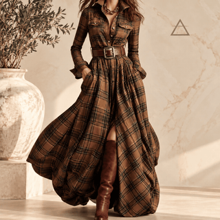 Robe longue Constance en coloris Cognac, à carreaux brun chaud et foncé, avec col chemise, ceinture brune et jupe ample.
