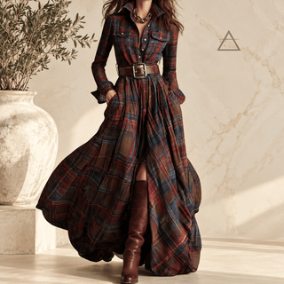 Découvrez Constance, une robe longue à carreaux avec ceinture incluse, col chemise et jupe ample. Une silhouette de caractère signée par votre style.