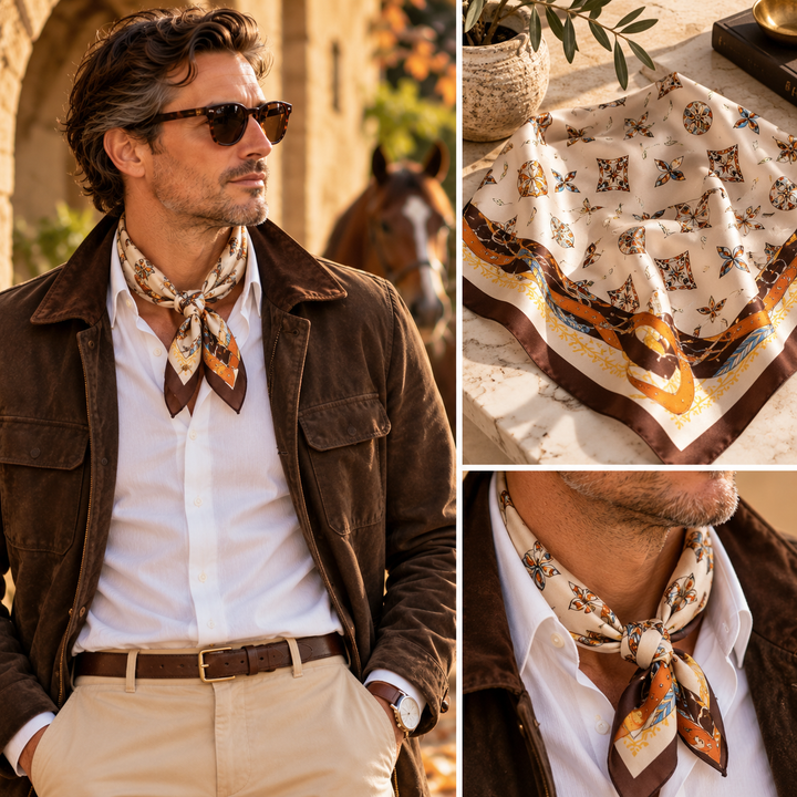 Carré Ornemental Taupe noué près du cou avec une chemise blanche et une veste brune, accompagné d’une vue à plat et d’un détail du nœud.