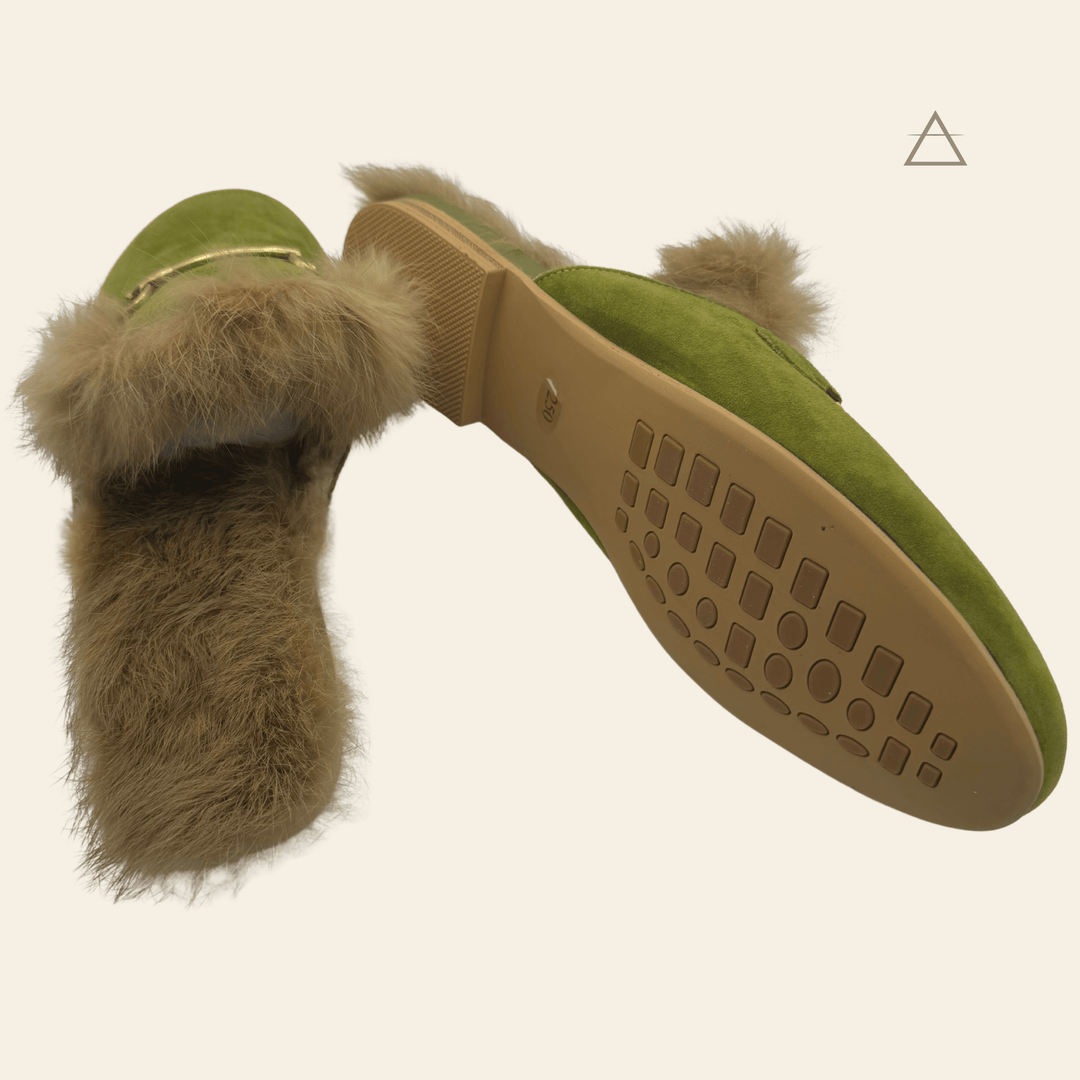 Garance™ mule pair sole view — lightweight rubber outsole and fur trim — Studio Vespria