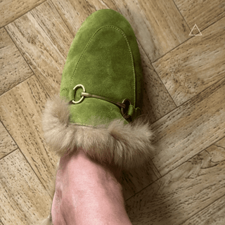 Garance™ olive suede fur-lined mule worn on herringbone parquet floor — Studio Vespria