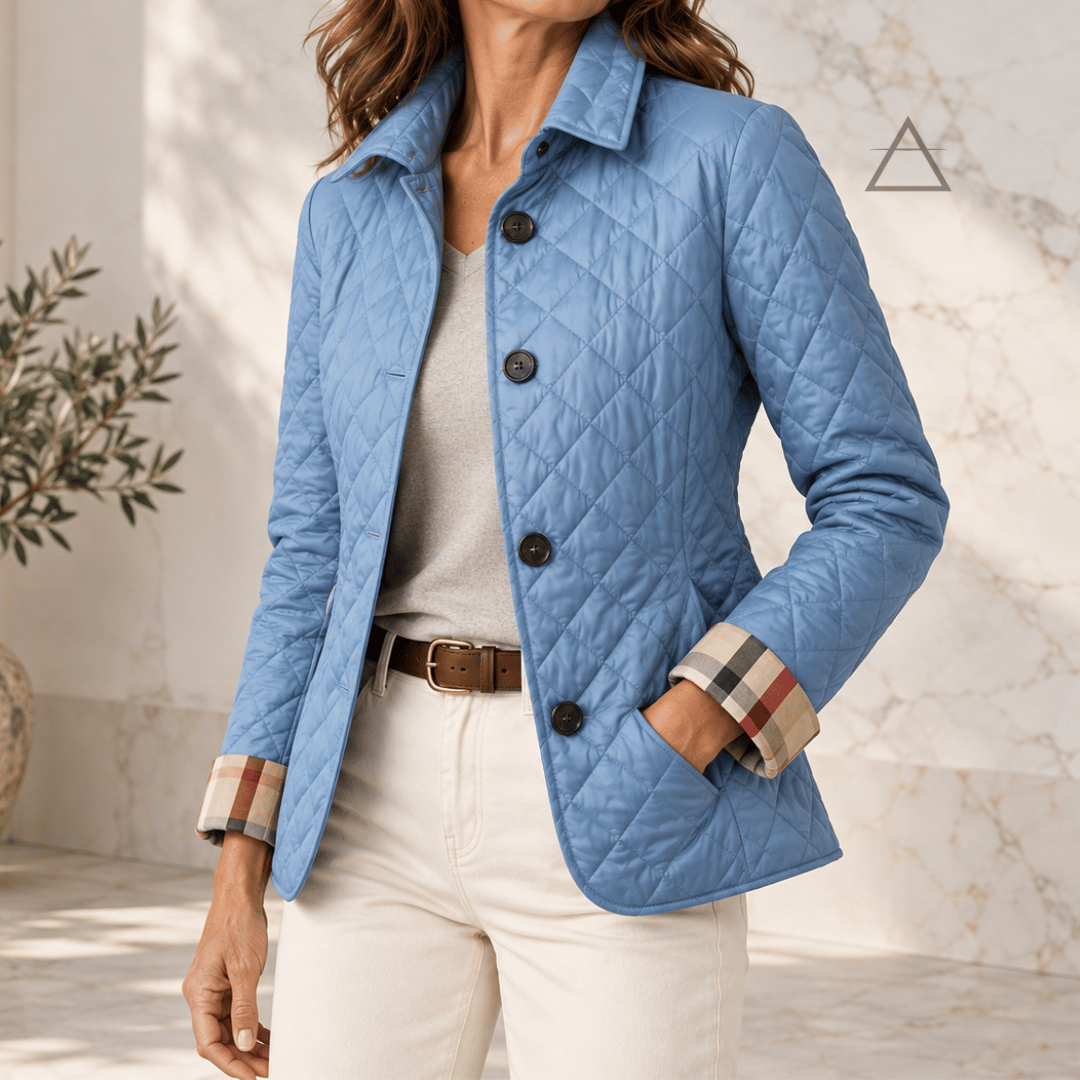 Veste matelassée Margaux en bleu clair, portée de face avec un pantalon écru et les poignets retournés laissant apparaître les revers à carreaux.