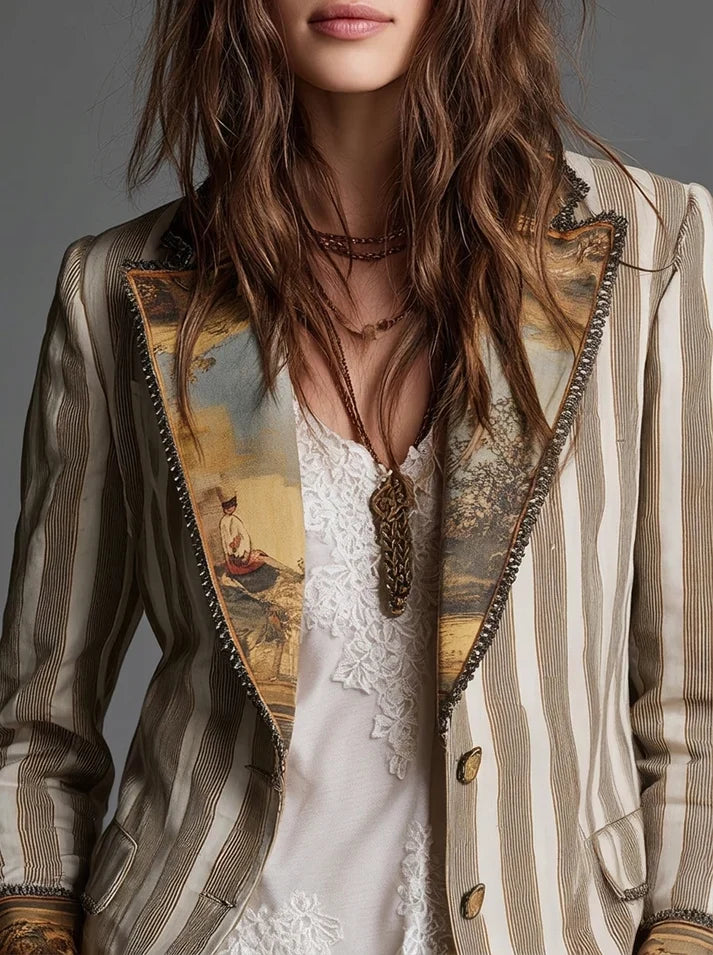 Sara | Blazer Bohémien à Rayures avec Col Imprimé