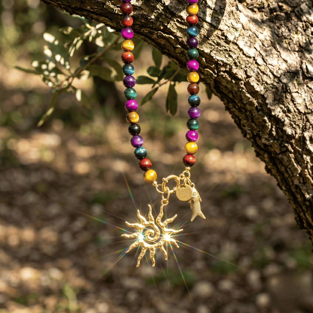 Collier SOLSTICE suspendu à une branche, avec perles multicolores et pendentifs soleil et poisson éclairés par le soleil.