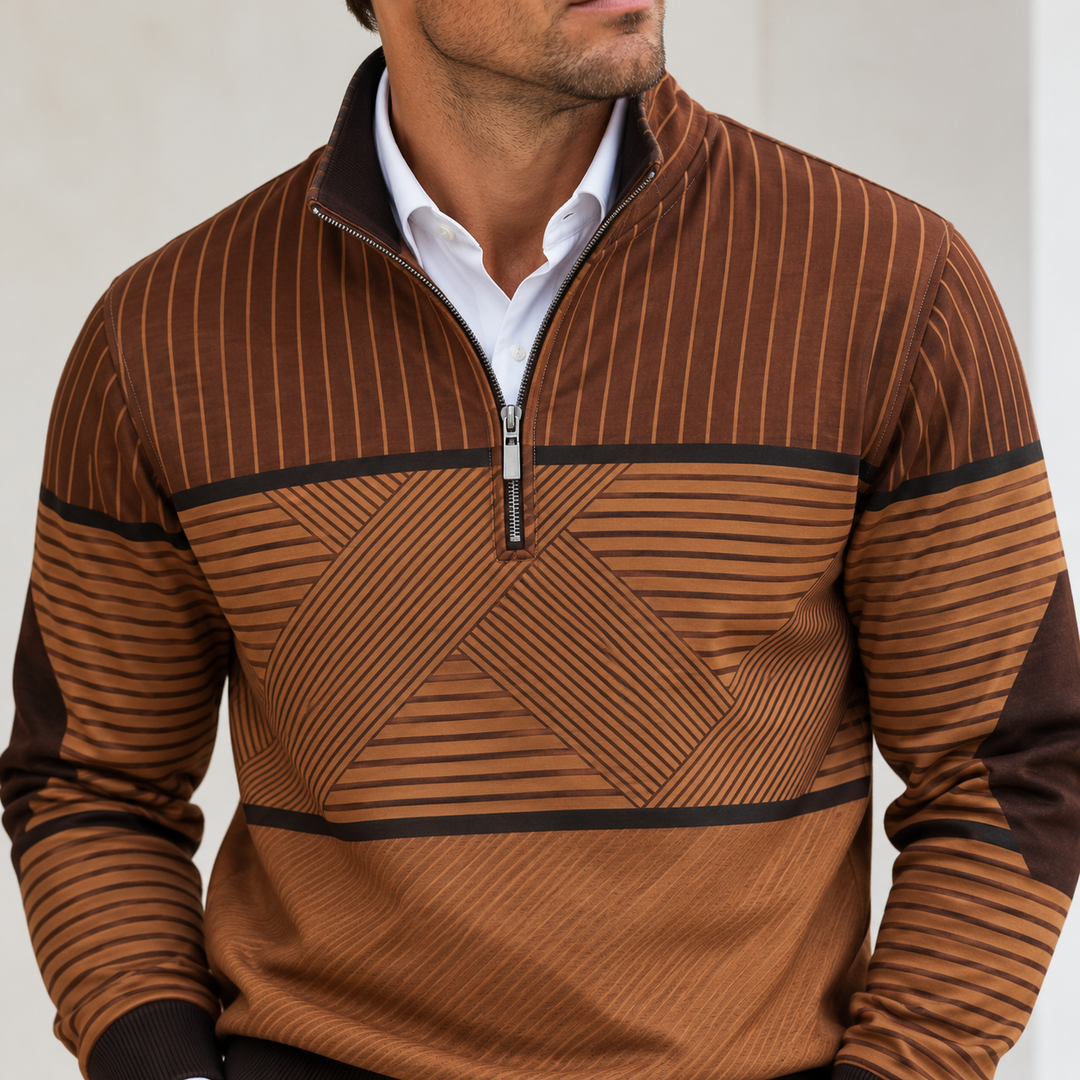 Haut Victor cognac à motif géométrique et col à demi-zip, porté sur une chemise blanche
