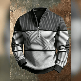 Haut Victor gris vu de face, avec motif géométrique clair et foncé et col à demi-zip
