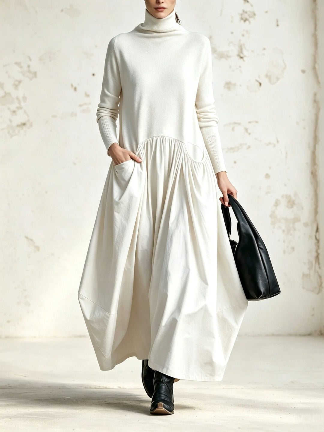 Robe Maxi Oversize à Détail Poche Col Montant
