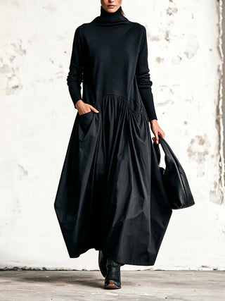 Robe Maxi Oversize à Détail Poche Col Montant